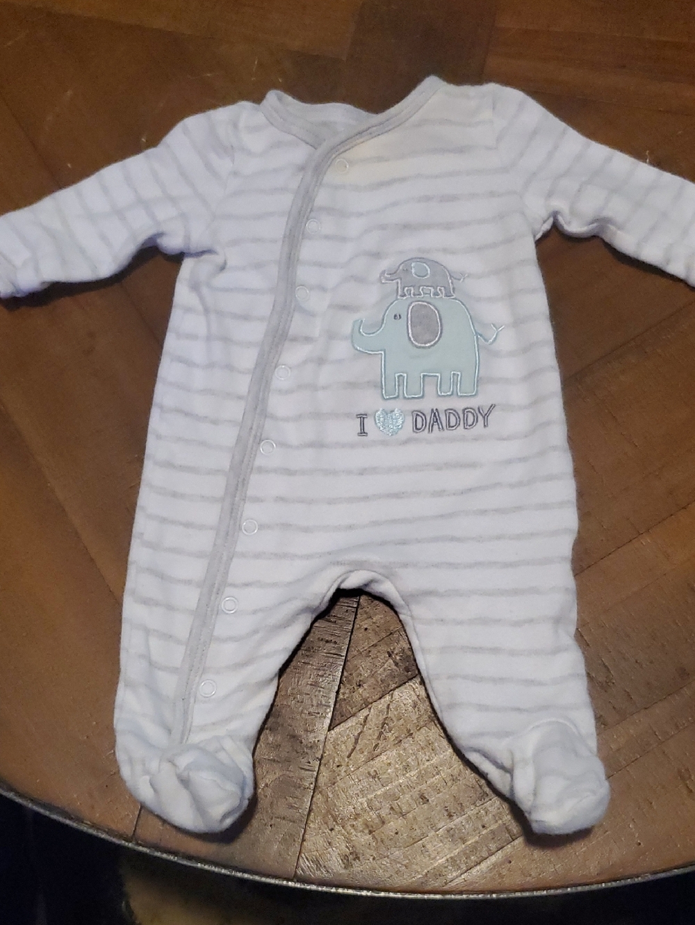 🐻 Koala Kids Light Blue & Gray Striped Footie with Elephant Applique